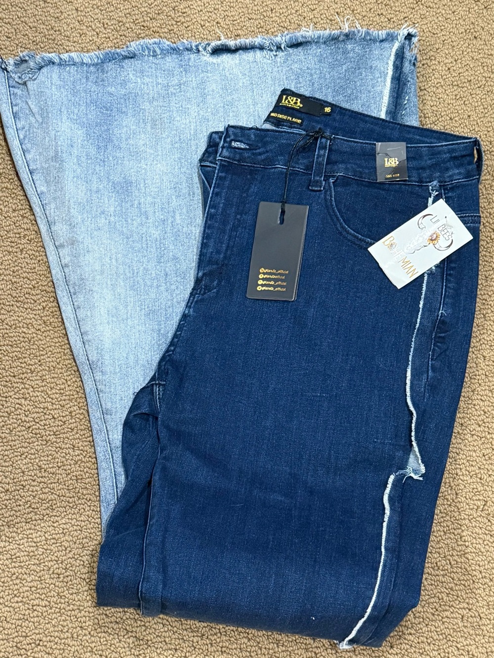 L&B Two-Tone Raw Edge Jeans - Dark Blue & Light Blue split leg bell bottom